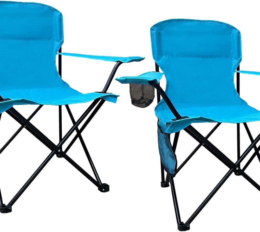 2PCS Folding Outdoor Beach Camp Chair with Cup Holder, Storage Pocket, Waterproof Bag Outdoor Arm Chair, Supports 225LBS, Blue
