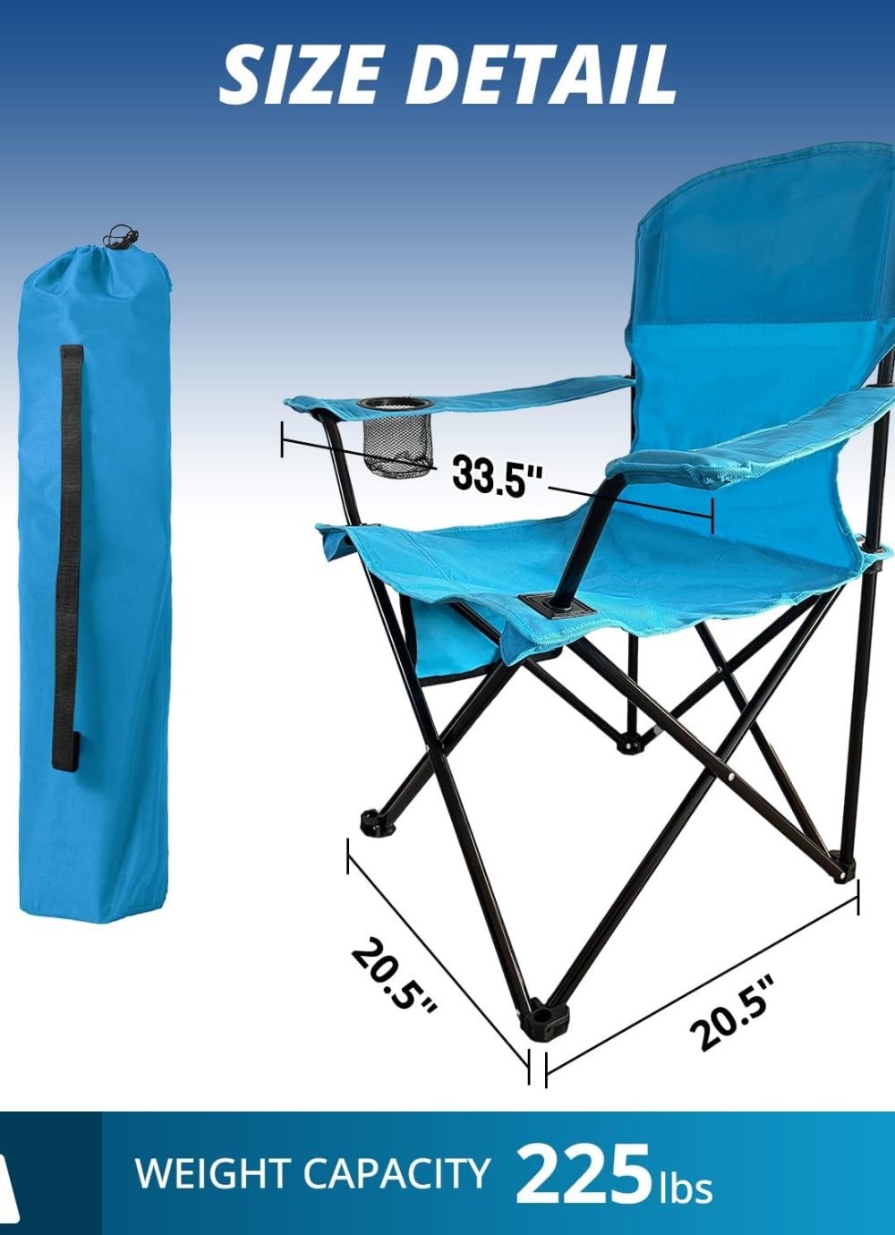 2PCS Folding Outdoor Beach Camp Chair with Cup Holder, Storage Pocket, Waterproof Bag Outdoor Arm Chair, Supports 225LBS, Blue - Image 3