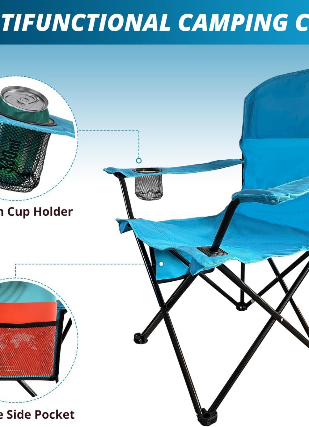 2PCS Folding Outdoor Beach Camp Chair with Cup Holder, Storage Pocket, Waterproof Bag Outdoor Arm Chair, Supports 225LBS, Blue - Image 5