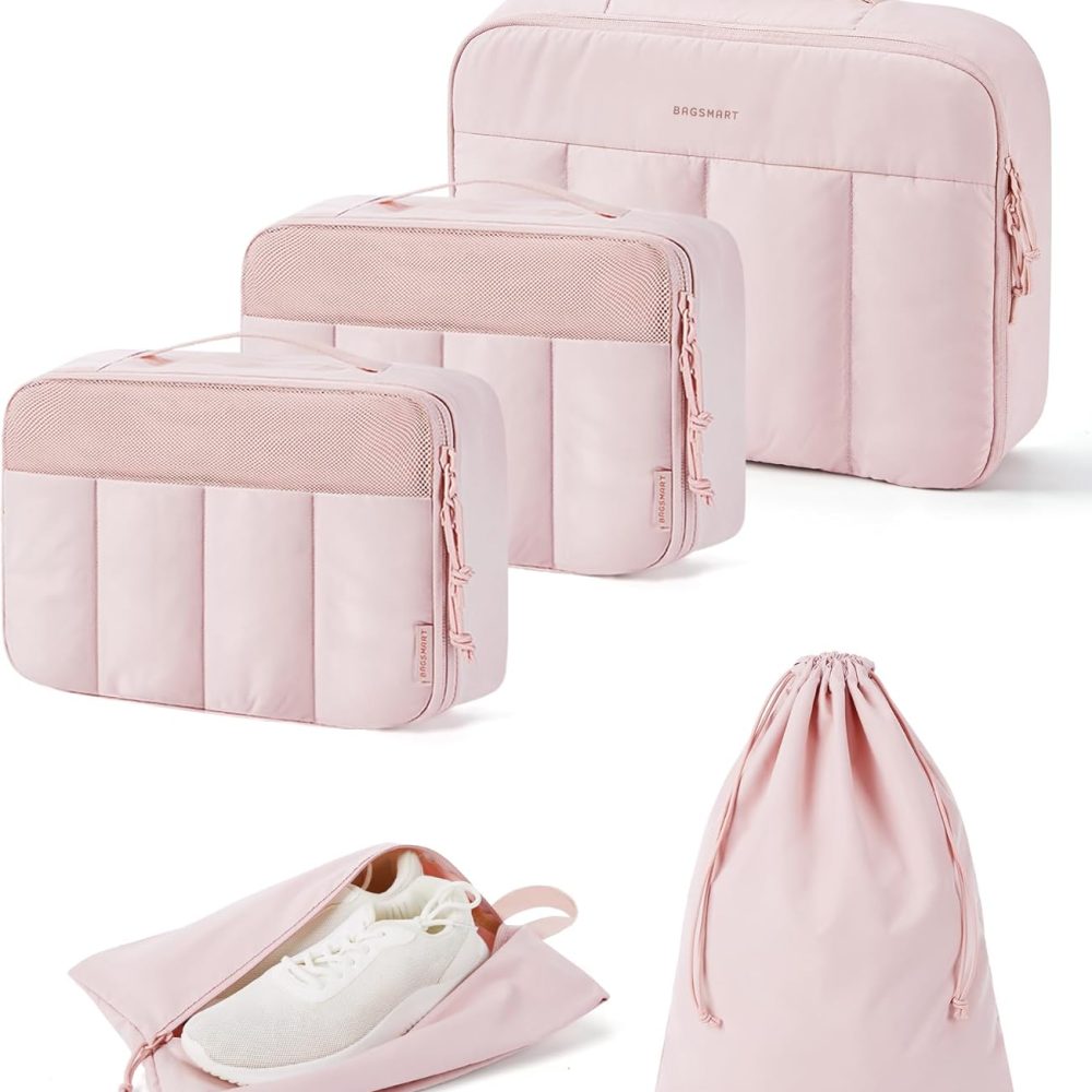 BAGSMART Packing Cubes for Travel Women, Large Capacity Hanging Packing Cubes for Suitcases, Quilted Travel Essentials for Women, Light Pink