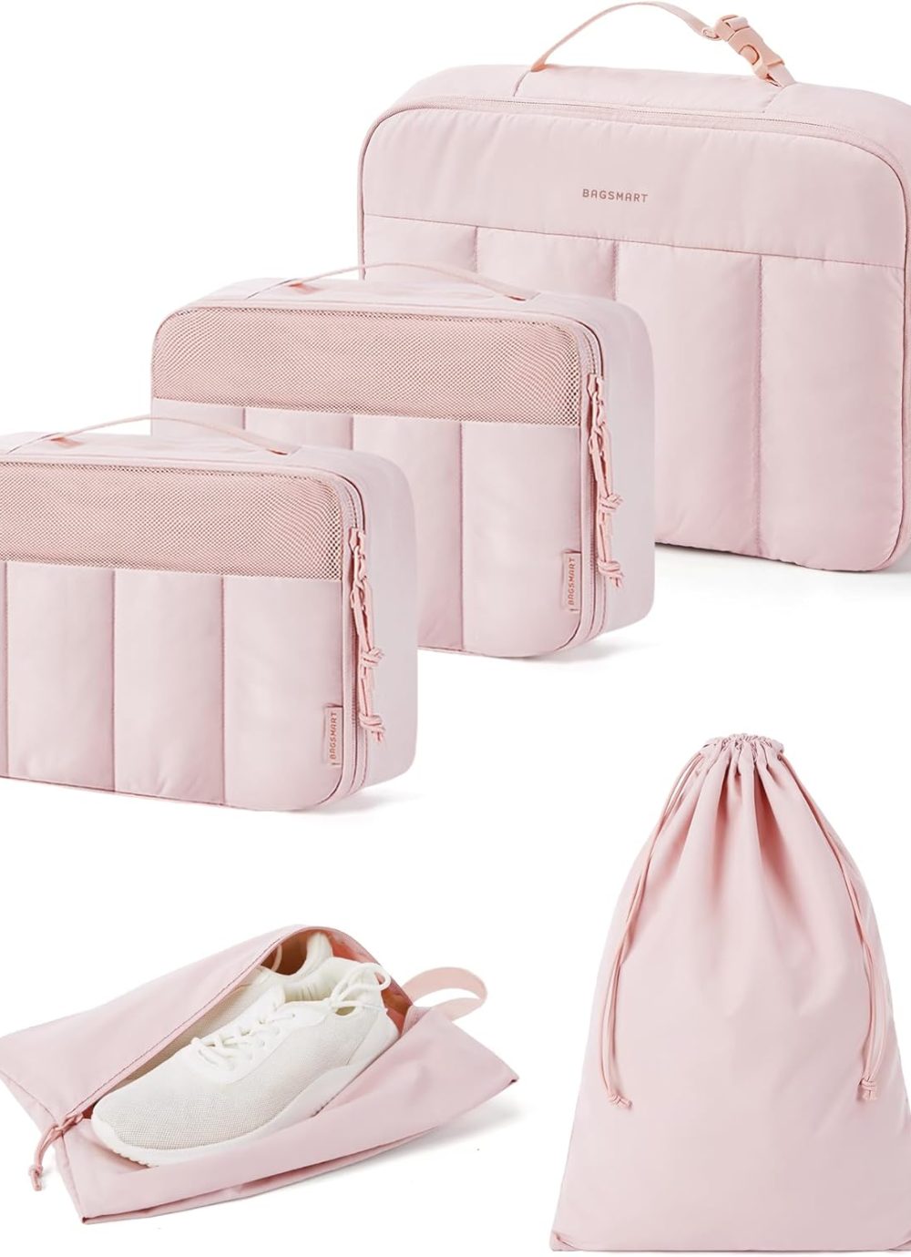 BAGSMART Packing Cubes for Travel Women, Large Capacity Hanging Packing Cubes for Suitcases, Quilted Travel Essentials for Women, Light Pink