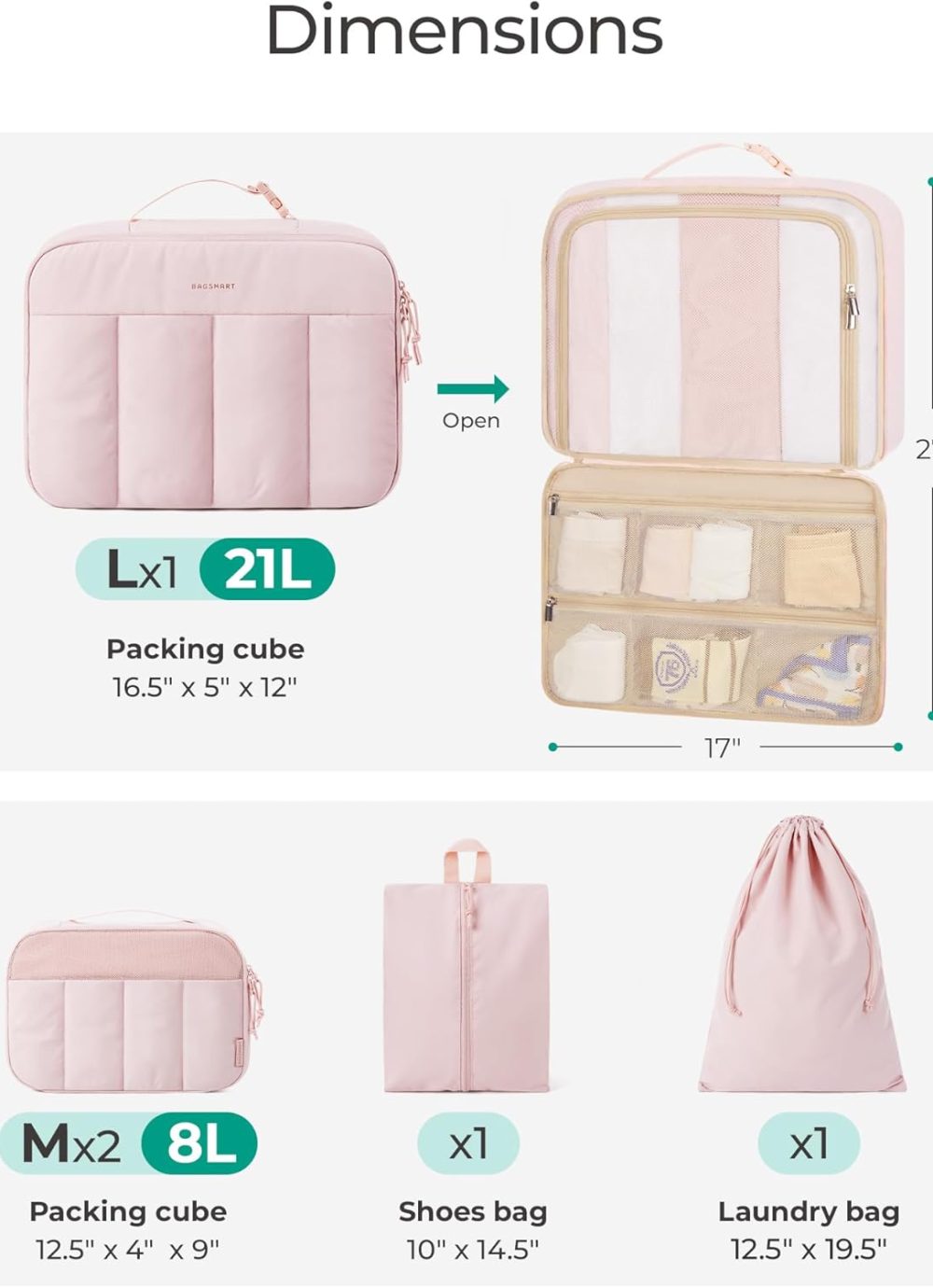 BAGSMART Packing Cubes for Travel Women, Large Capacity Hanging Packing Cubes for Suitcases, Quilted Travel Essentials for Women, Light Pink - Image 3