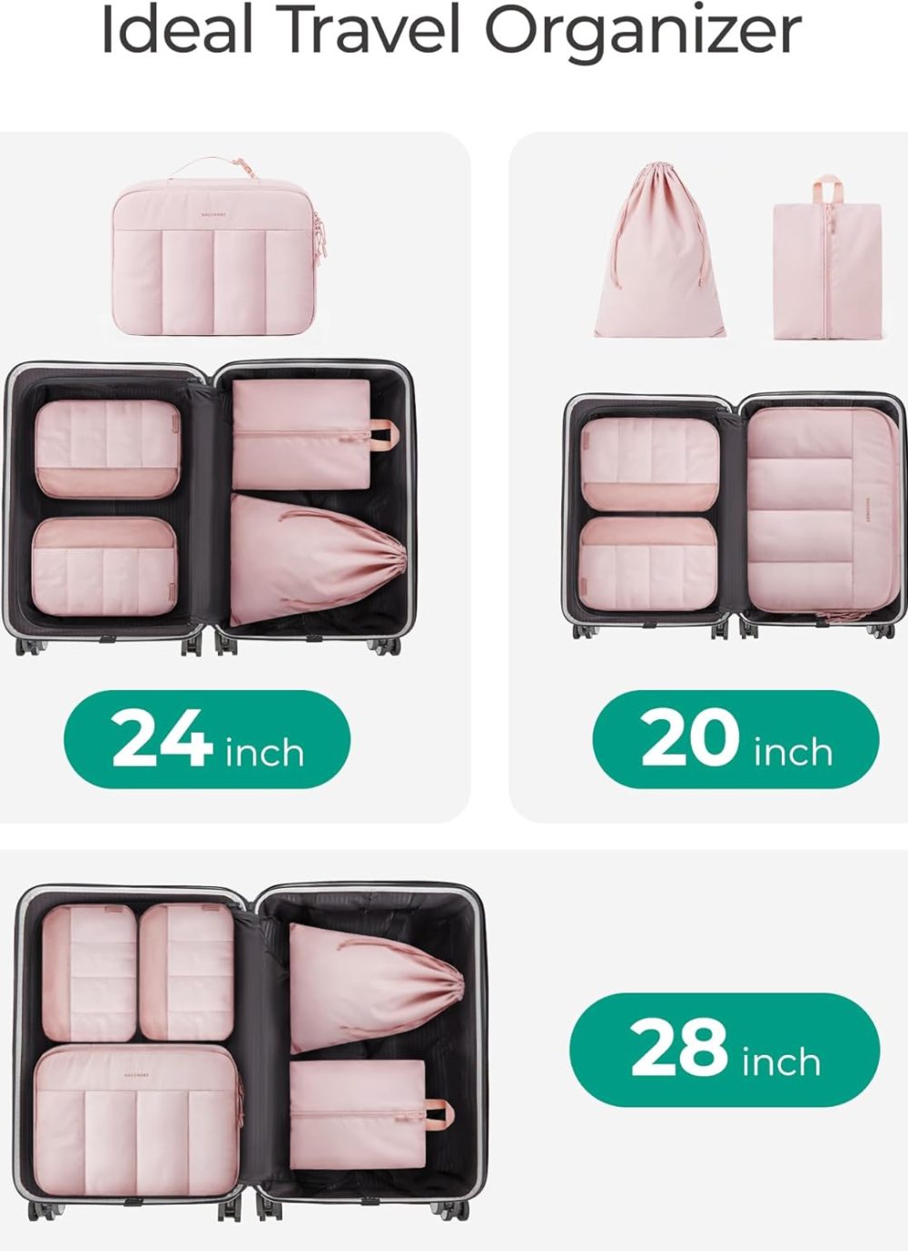 BAGSMART Packing Cubes for Travel Women, Large Capacity Hanging Packing Cubes for Suitcases, Quilted Travel Essentials for Women, Light Pink - Image 4
