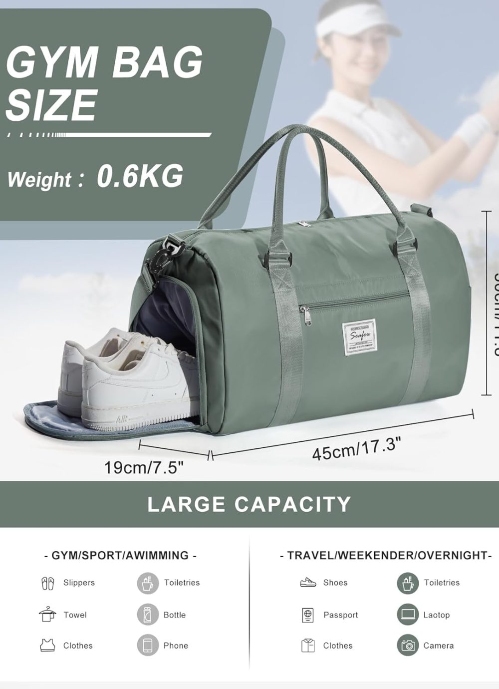 Gym Bag Womens,Travel Duffel Carry on Bag Sport Tote Bag Weekend Overnight Bag - Image 2