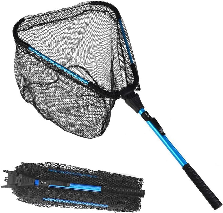LBW Collapsible Rubber Fishing Net with Handle, Folding Kayak Net for Freshwater or Saltwater, Portable Landing Net for Trout, Catfish, Bass