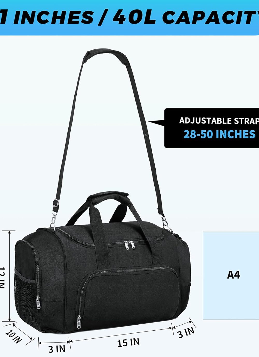 Duffle Bag for Travel - 40L/21 Inches Small Duffel Bag for Men Weekender Bag with Water Bottle Pocket for Travel Sports - Black - Image 2