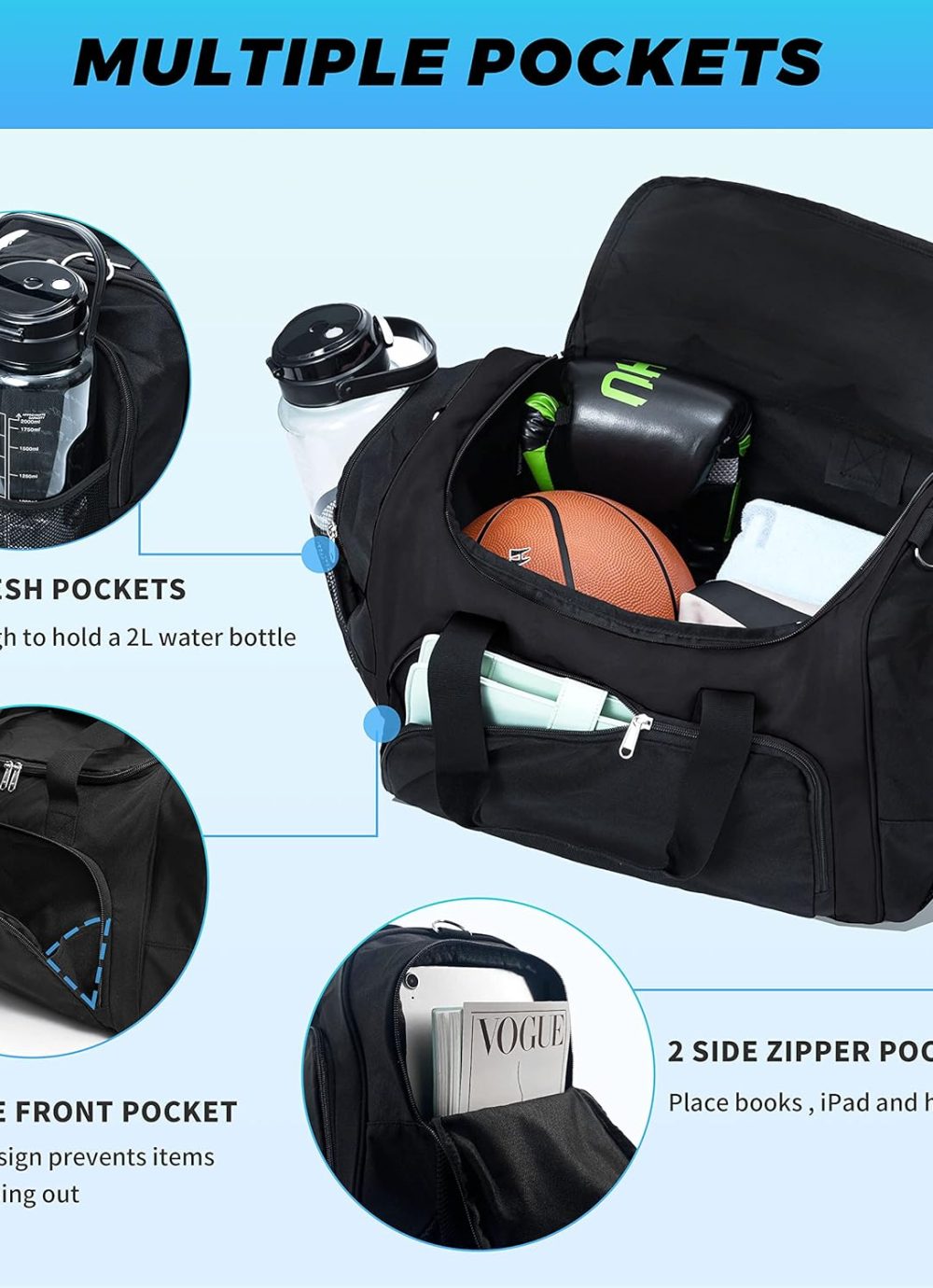 Duffle Bag for Travel - 40L/21 Inches Small Duffel Bag for Men Weekender Bag with Water Bottle Pocket for Travel Sports - Black - Image 3