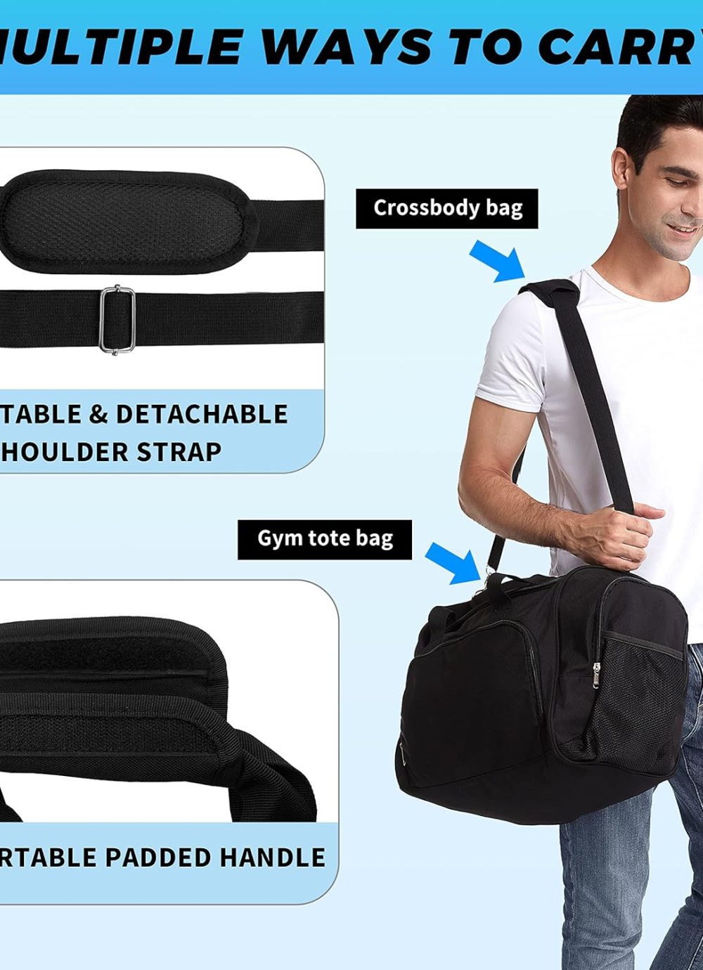 Duffle Bag for Travel - 40L/21 Inches Small Duffel Bag for Men Weekender Bag with Water Bottle Pocket for Travel Sports - Black - Image 6